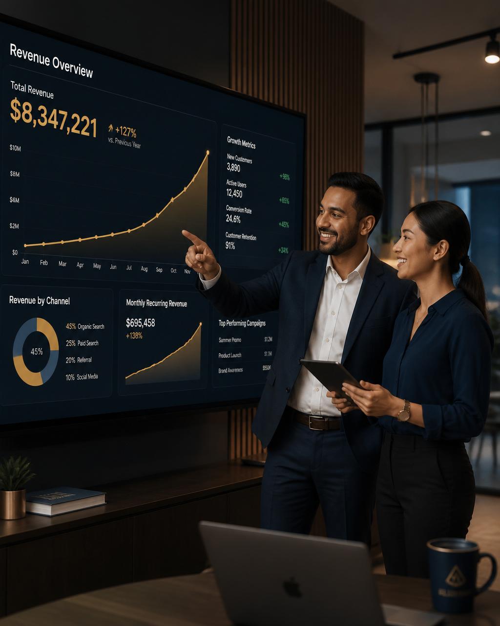 Equipe analisando números de crescimento expressivo da empresa